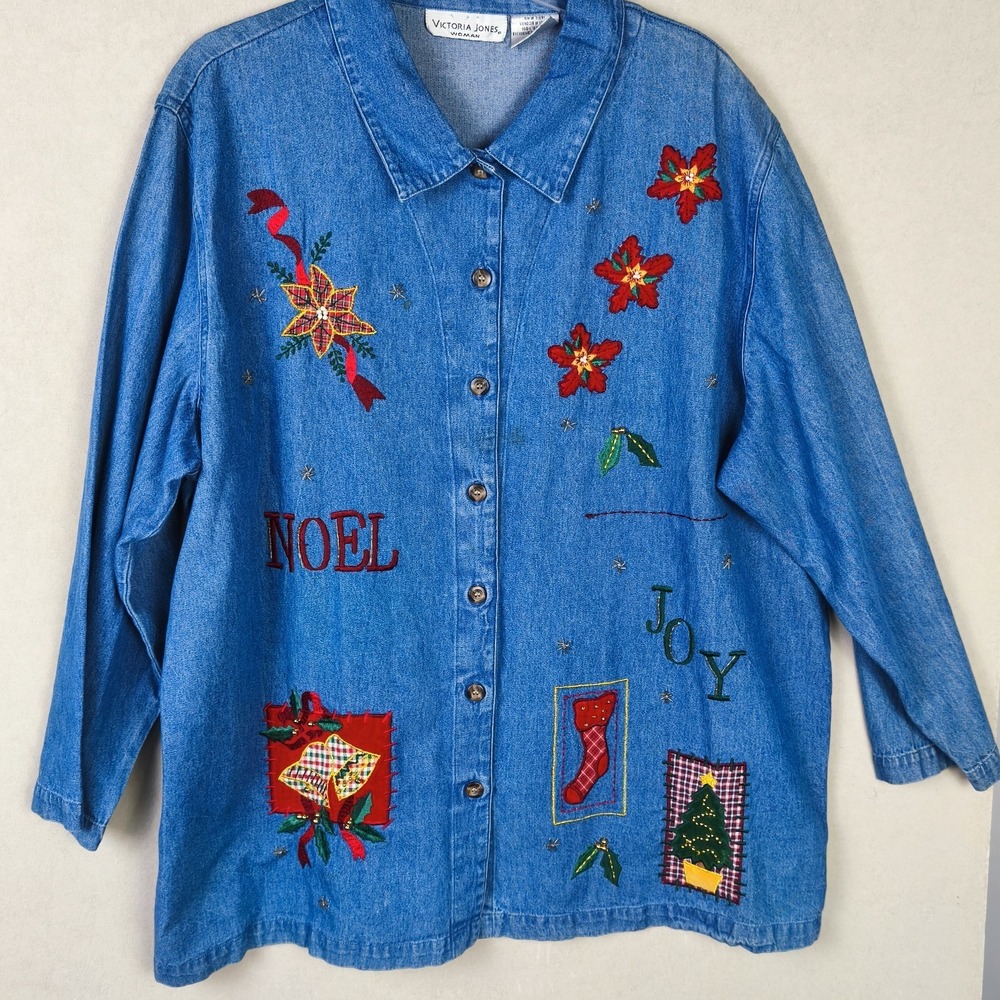 Vintage‎ Chambray Denim Shirt Button Up Christmas Embroidered Womens 2X